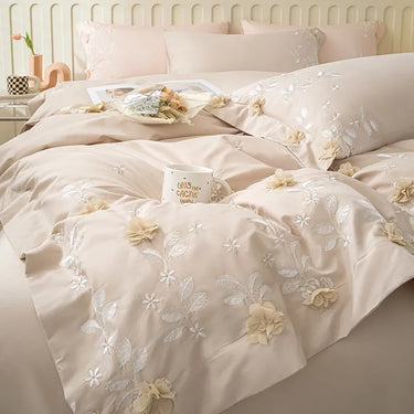 Pink Lace Flowers Embroidery Egyptian Cotton Princess Wedding Duvet Cover Bedding Set